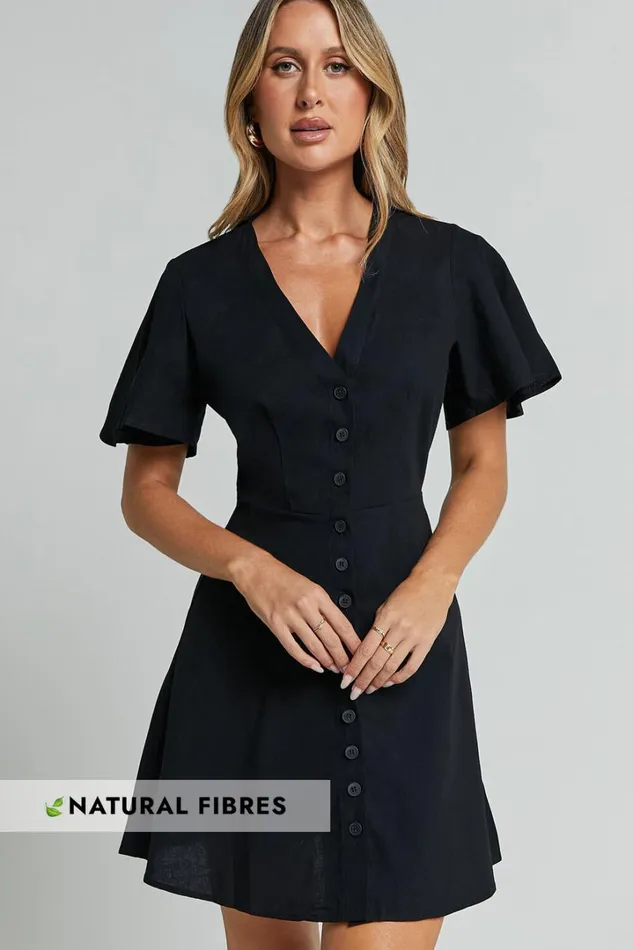 Sahar Mini Dress 8211 Flutter Sleeve Button Through Dress In Black Women Showpo Conscious Sahar Mini Dress 8211 Flutter Sleeve Button Through Dress In Black Women Showpo Conscious