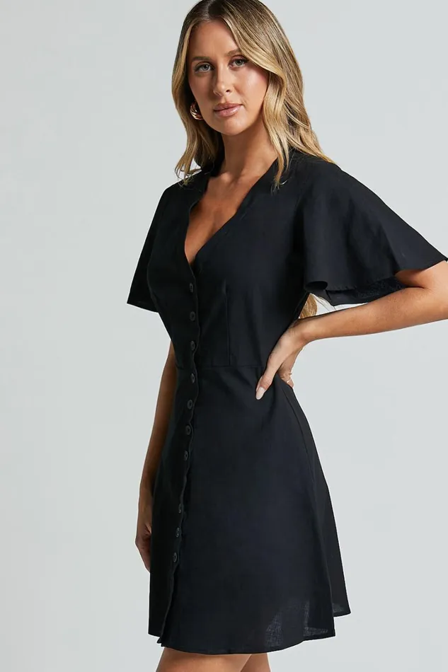 Sahar Mini Dress 8211 Flutter Sleeve Button Through Dress In Black Women Showpo Conscious