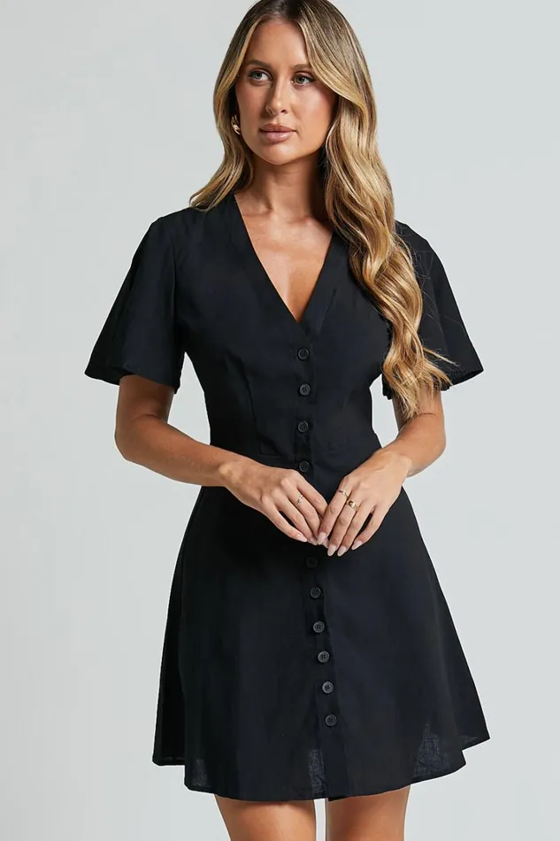 Sahar Mini Dress 8211 Flutter Sleeve Button Through Dress In Black Women Showpo Conscious