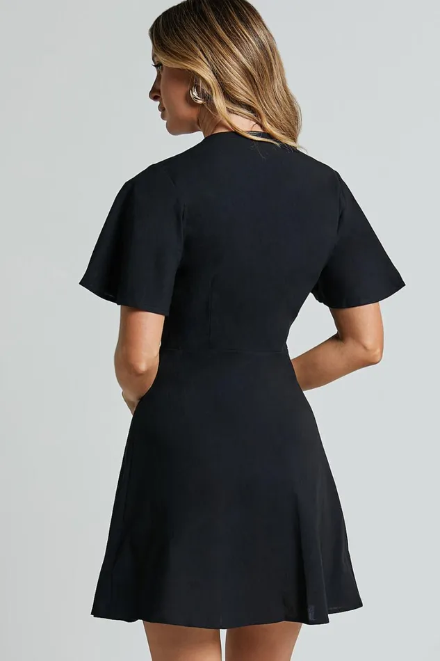 Sahar Mini Dress 8211 Flutter Sleeve Button Through Dress In Black Women Showpo Conscious