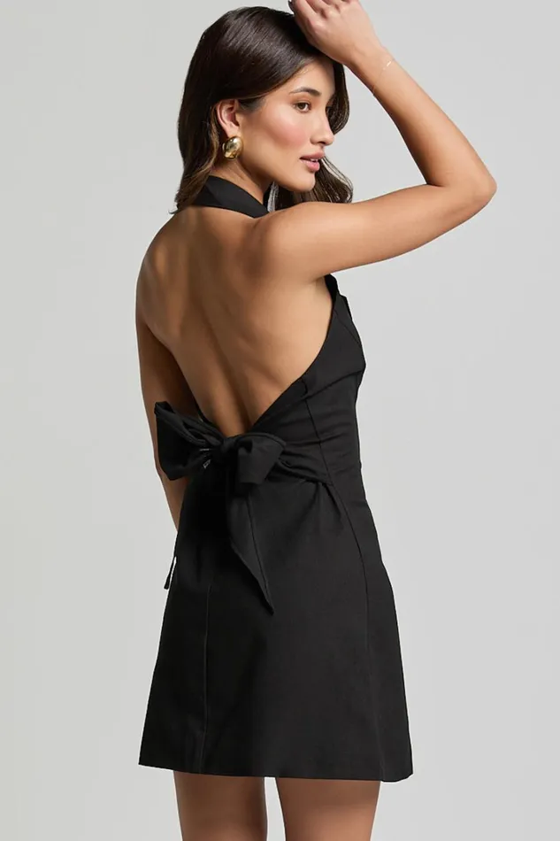 Sammie Mini Dress 8211 Backless Halter Neck Linen Look Dress In Black Women Showpo Conscious