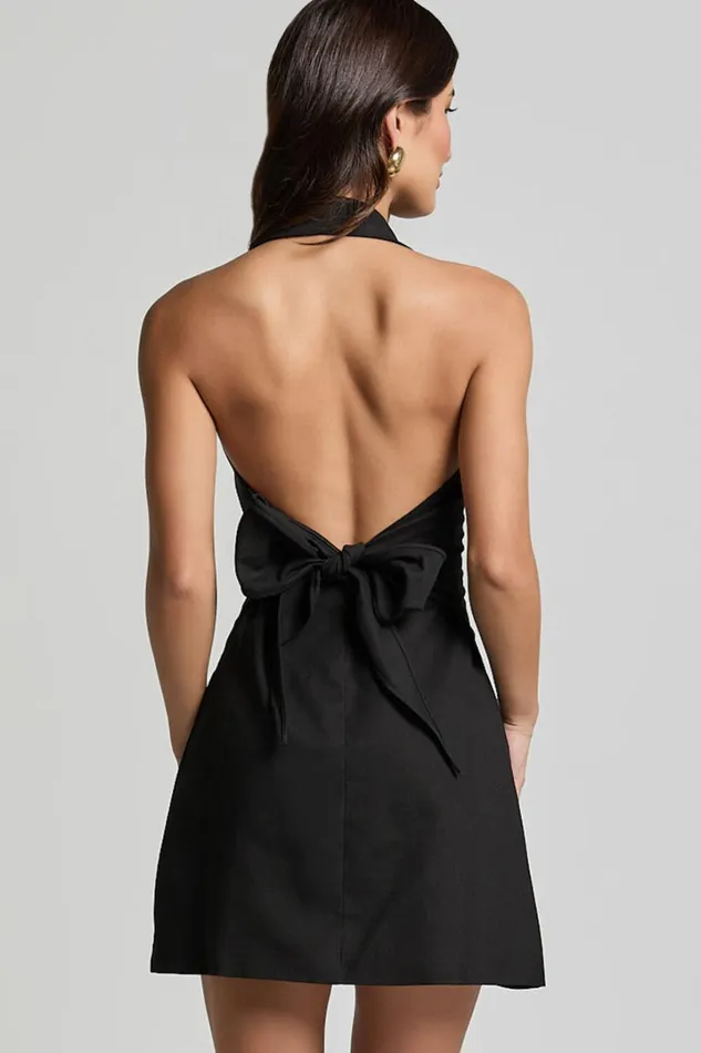 Sammie Mini Dress 8211 Backless Halter Neck Linen Look Dress In Black Women Showpo Conscious