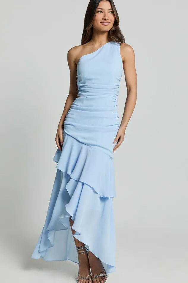 Sasha Midi Dress 8211 One Shoulder Side Cut Out Asymmetrical Dress In Ice Blue Women Showpo Dresses
