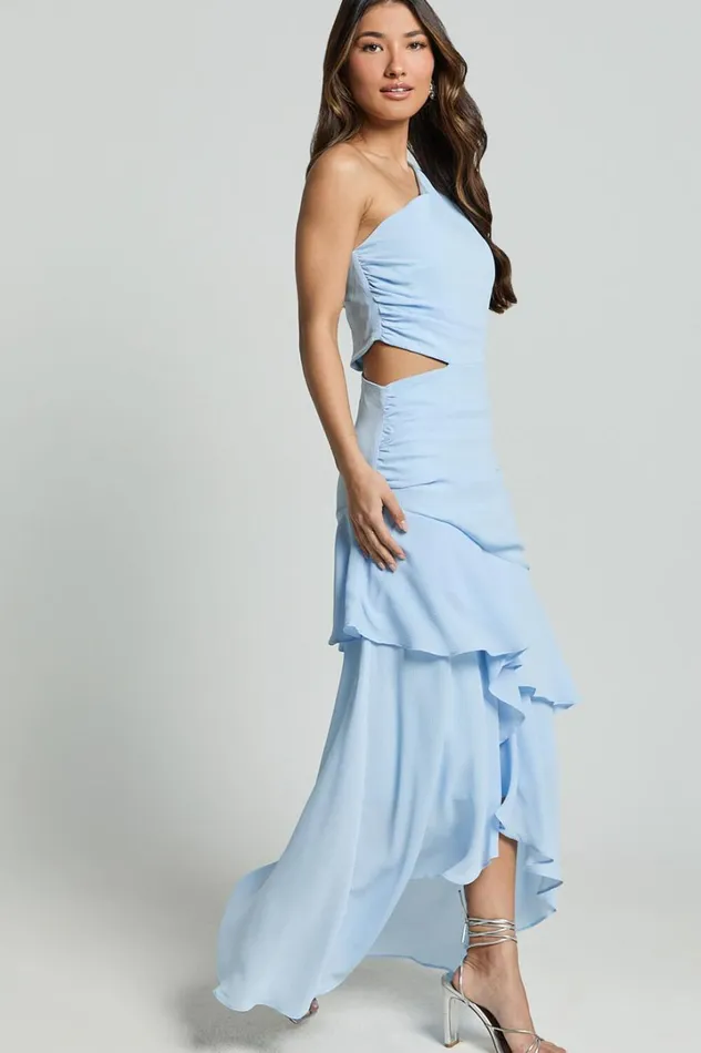 Sasha Midi Dress 8211 One Shoulder Side Cut Out Asymmetrical Dress In Ice Blue Women Showpo Dresses