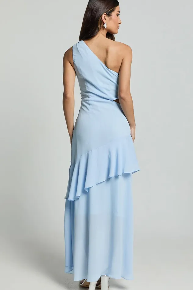 Sasha Midi Dress 8211 One Shoulder Side Cut Out Asymmetrical Dress In Ice Blue Women Showpo Dresses