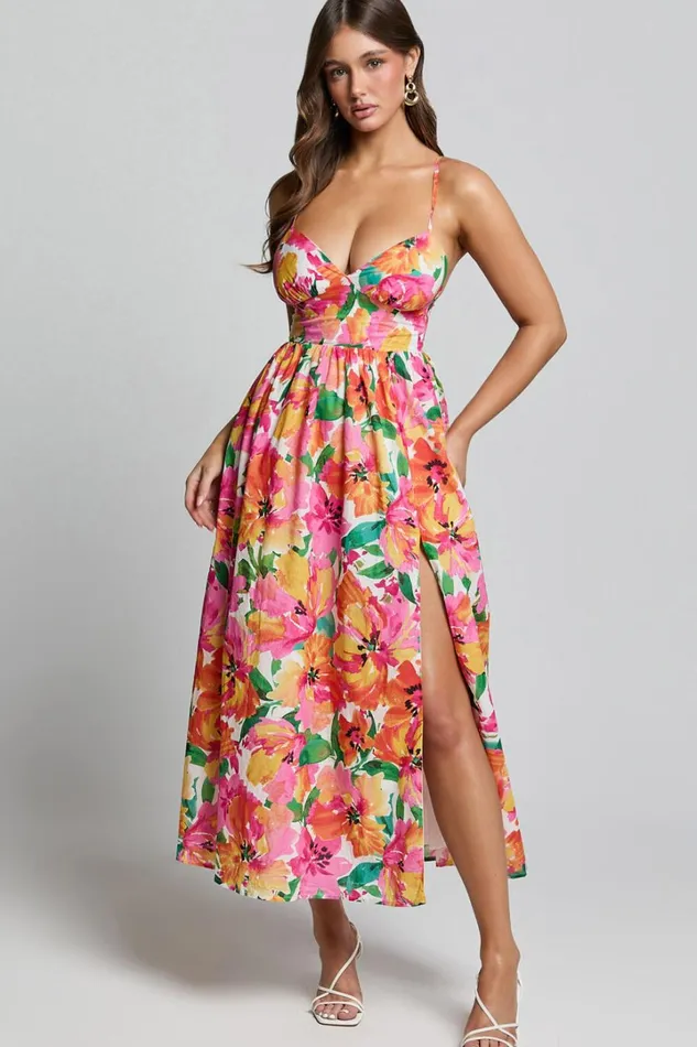 Shairah Midi Dress 8211 Cross Back Gathered Sweetheart Dress In Bloom Women Showpo Curve Clothes