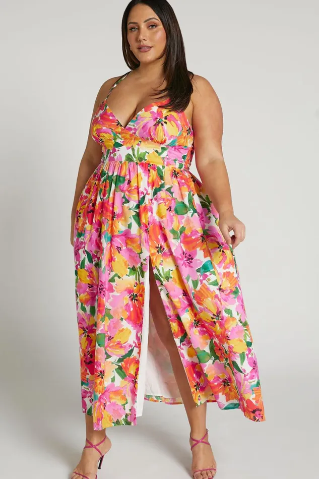 Shairah Midi Dress 8211 Cross Back Gathered Sweetheart Dress In Bloom Women Showpo Curve Clothes