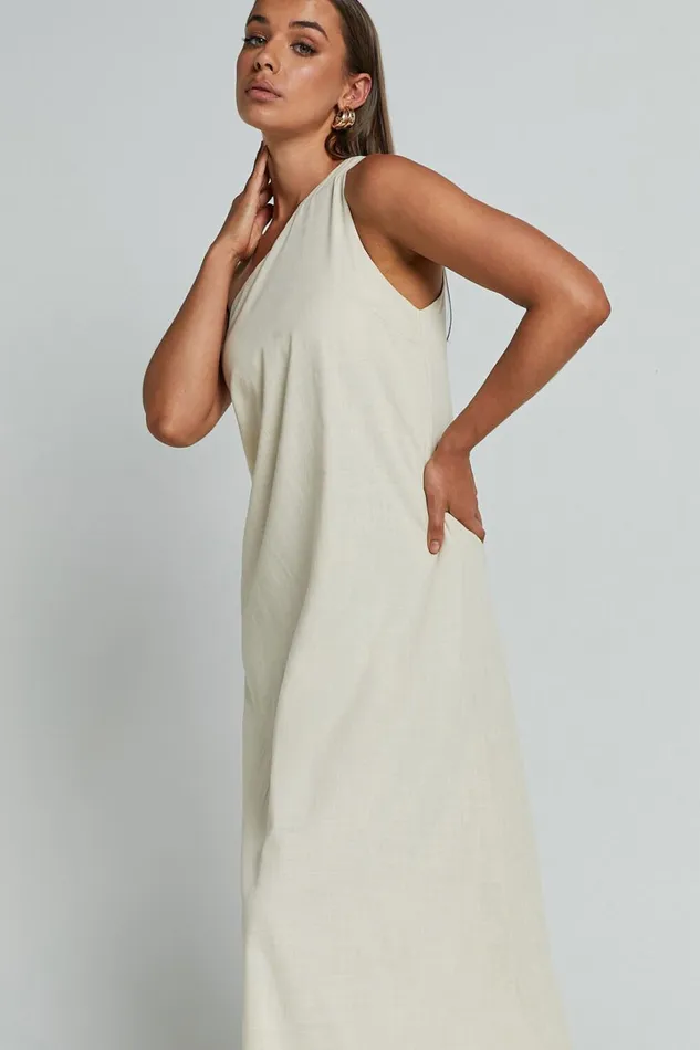 Shammae Midi Dress 8211 One Shoulder Linen Sleeveless Dress In Beige Women Showpo Dresses