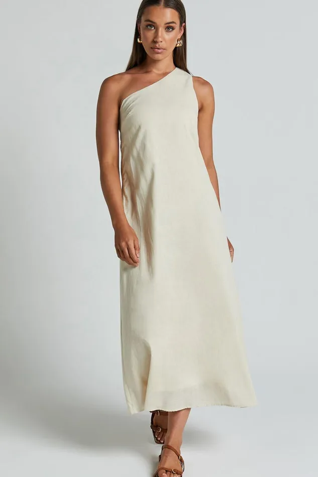 Shammae Midi Dress 8211 One Shoulder Linen Sleeveless Dress In Beige Women Showpo Dresses