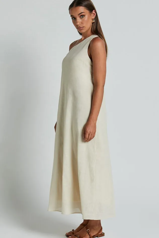 Shammae Midi Dress 8211 One Shoulder Linen Sleeveless Dress In Beige Women Showpo Dresses