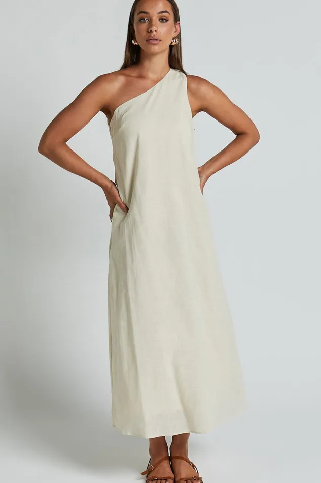 Shammae Midi Dress 8211 One Shoulder Linen Sleeveless Dress In Beige Women Showpo Dresses