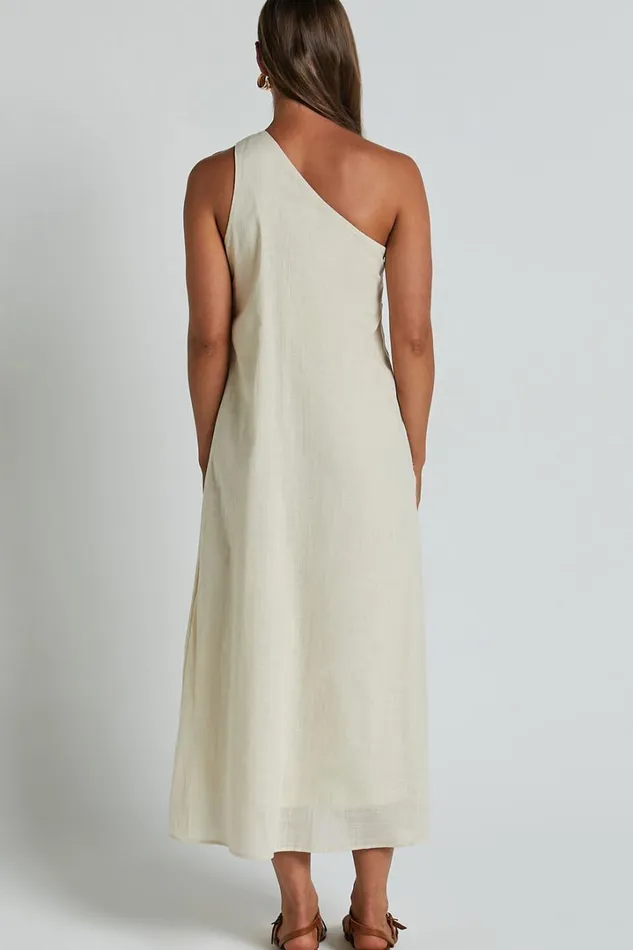 Shammae Midi Dress 8211 One Shoulder Linen Sleeveless Dress In Beige Women Showpo Dresses