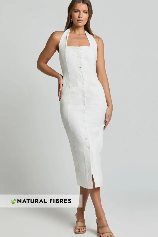 Shane Midi Dress 8211 Button Through Halter Slip Dress In White Women Showpo Conscious