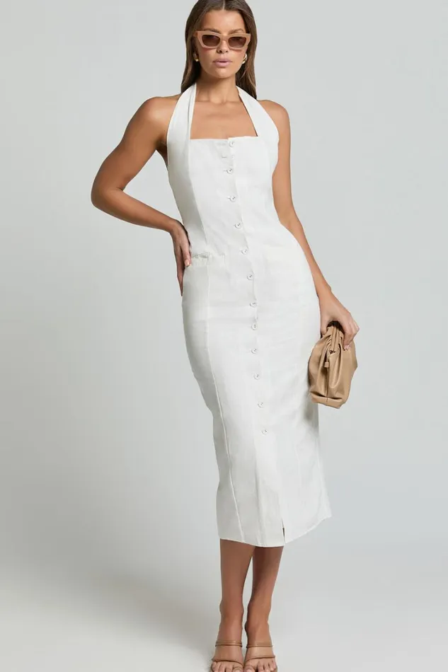Shane Midi Dress 8211 Button Through Halter Slip Dress In White Women Showpo Conscious