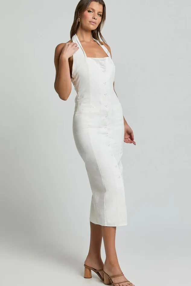 Shane Midi Dress 8211 Button Through Halter Slip Dress In White Women Showpo Conscious