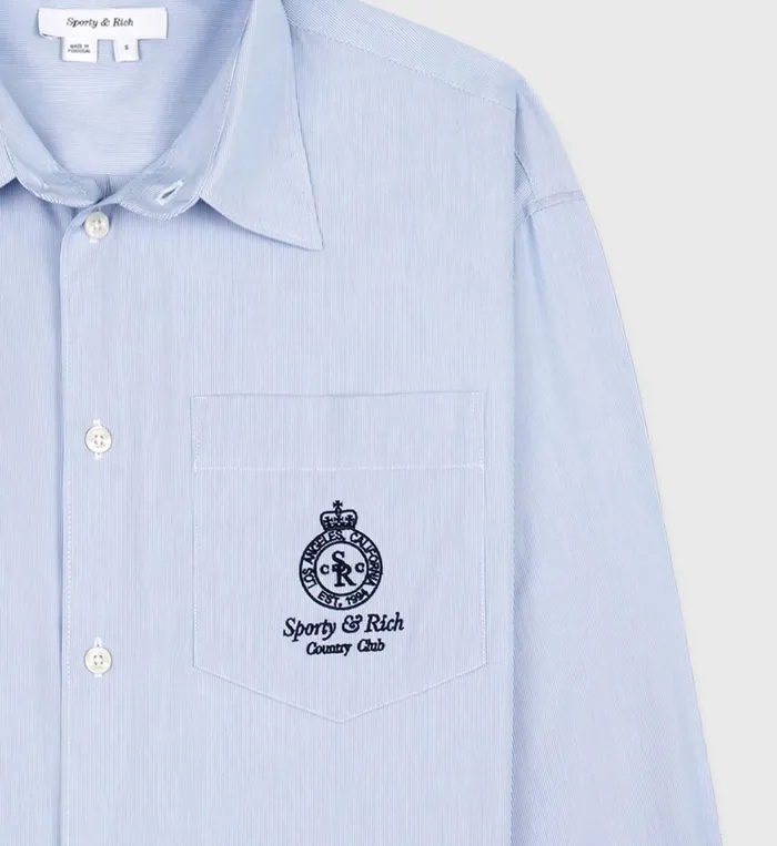 Shirts Men Sporty and Rich Crown Oversized Shirt 8211 BlueWhite Thin Stripe