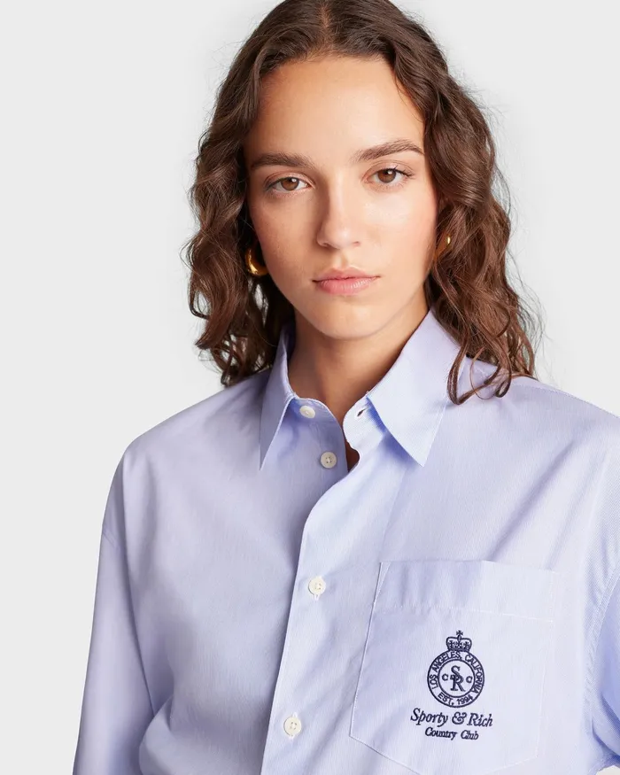 Shirts Men Sporty and Rich Crown Oversized Shirt 8211 BlueWhite Thin Stripe
