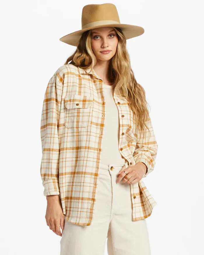 So Stoked Long Sleeve Flannel Shirt White Cap Women Billabong Essentials