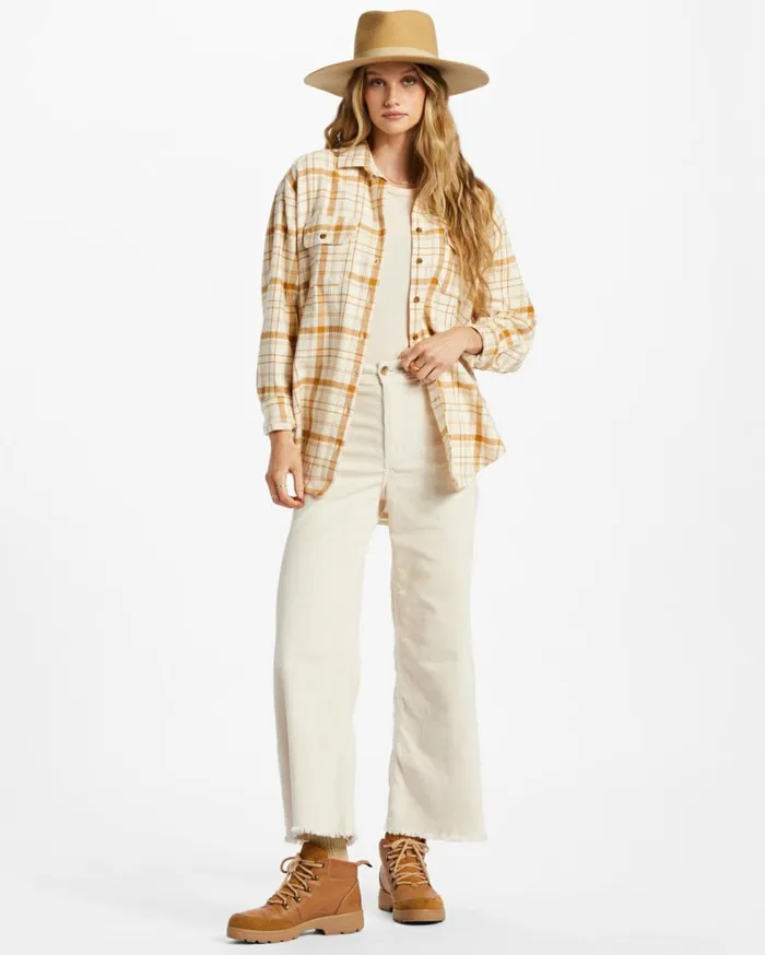 So Stoked Long Sleeve Flannel Shirt White Cap Women Billabong Essentials