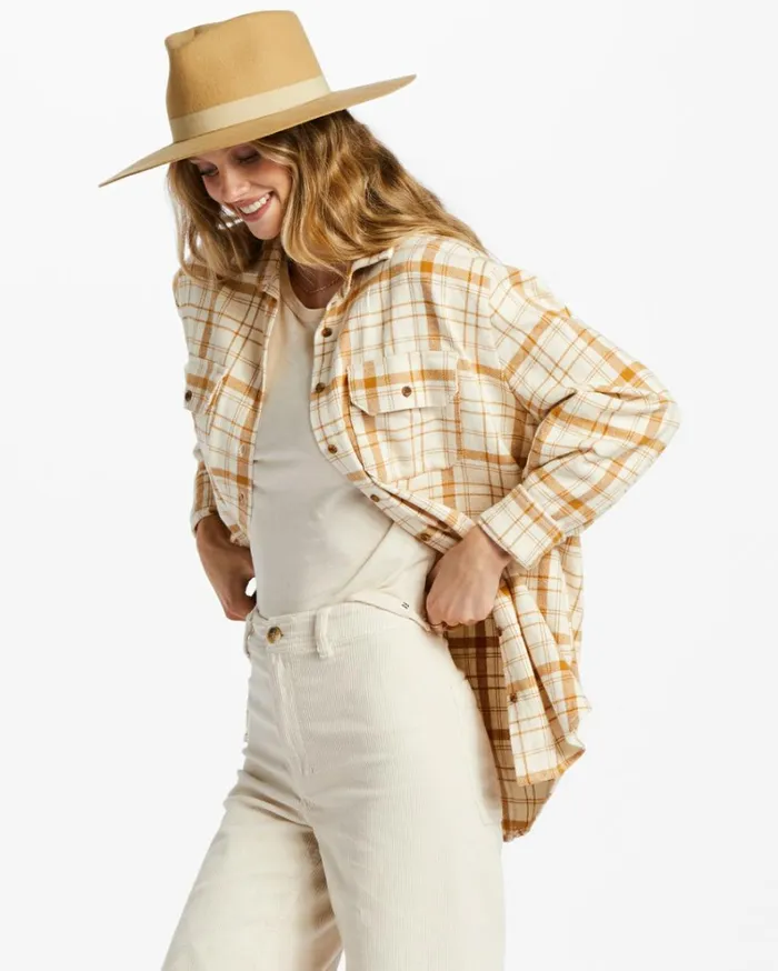 So Stoked Long Sleeve Flannel Shirt White Cap Women Billabong Essentials