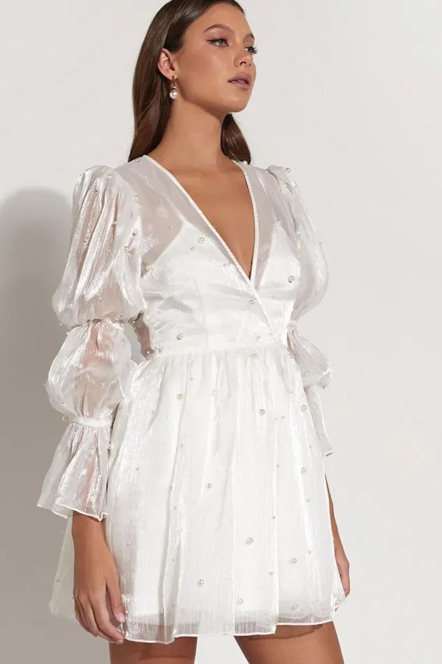 Solanna Mini Dress 8211 Long Puff Sleeve V Neck Dress In White Women Showpo Curve Clothes
