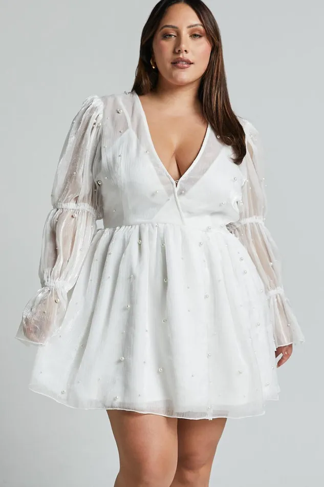 Solanna Mini Dress 8211 Long Puff Sleeve V Neck Dress In White Women Showpo Curve Clothes