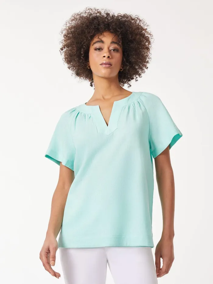 Solid Linen Blend Popover Blouse Women Jones New York Tops and Blouses