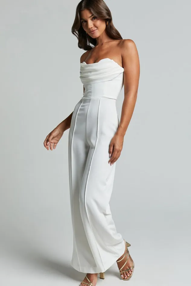 Stacey Jumpsuit 8211 Strapless Cowl Wide Leg Jumpsuit In Off White Women Showpo Jumpsuits