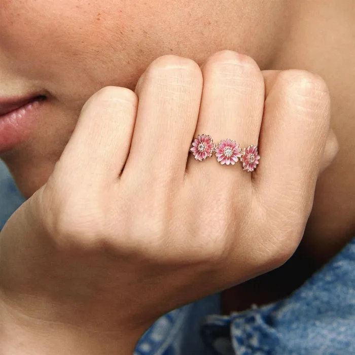 Statement Rings Women Pandora Pink Daisy Flower Trio Ring
