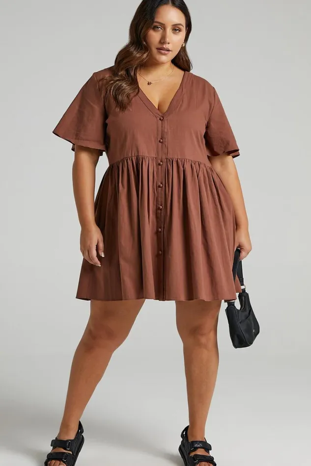 Staycation Mini Dress 8211 Smock Button Up Dress In Chocolate Women Showpo Curve Clothes