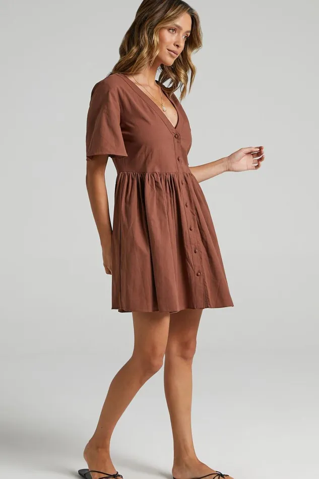 Staycation Mini Dress 8211 Smock Button Up Dress In Chocolate Women Showpo Curve Clothes