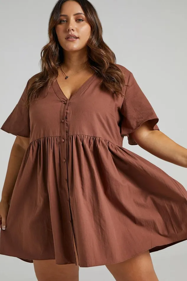 Staycation Mini Dress 8211 Smock Button Up Dress In Chocolate Women Showpo Curve Clothes