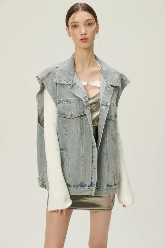 Storets Hada Denim Vest And Jacket Set Women Jackets and Coats