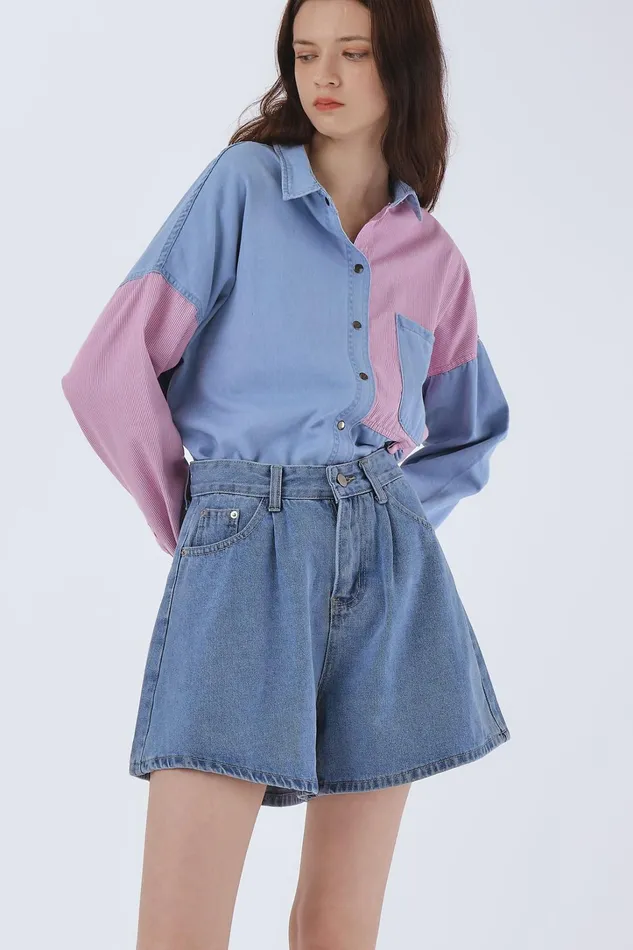 Storets Zoe Pintucked Denim Shorts Women Jeans