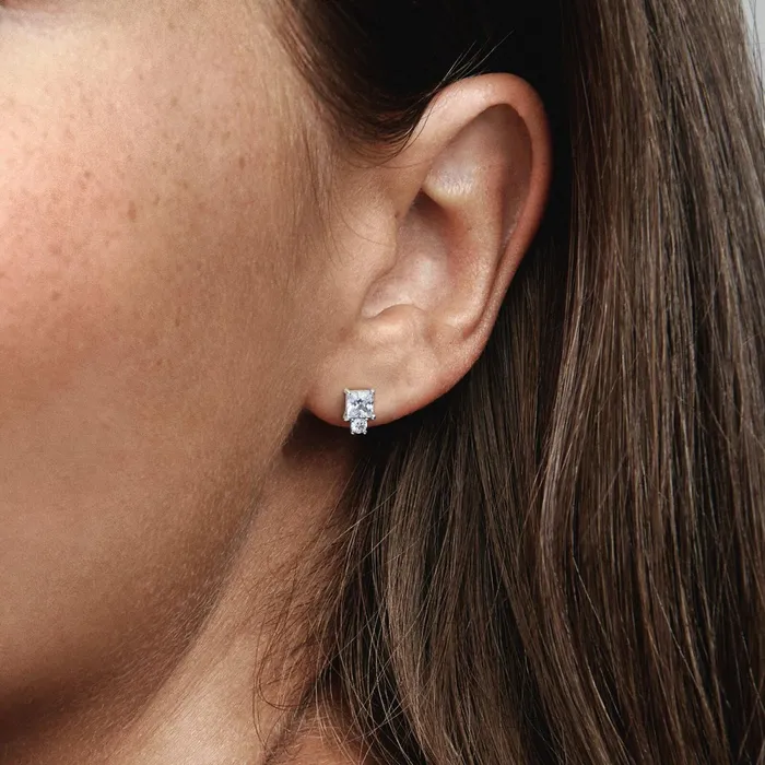 Stud Earrings Women Pandora Sparkling Round and Square Earrings