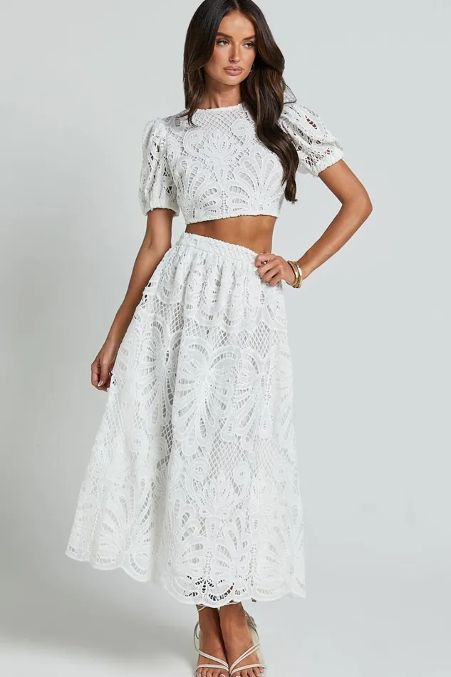 Sveta Two Piece Set 8211 Lace Short Puff Sleeve Open Back Crop Top And Midi Skirt Set In White Women Showpo Dresses Sveta Two Piece Set 8211 Lace Short Puff Sleeve Open Back Crop Top And Midi Skirt Set In White Women Showpo Dresses