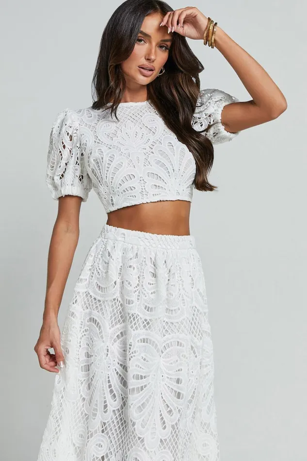 Sveta Two Piece Set 8211 Lace Short Puff Sleeve Open Back Crop Top And Midi Skirt Set In White Women Showpo Dresses
