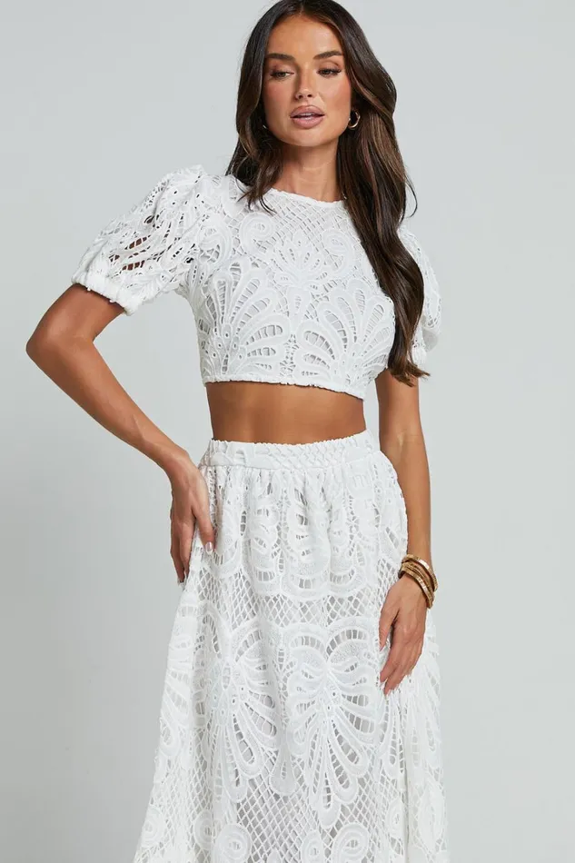 Sveta Two Piece Set 8211 Lace Short Puff Sleeve Open Back Crop Top And Midi Skirt Set In White Women Showpo Dresses