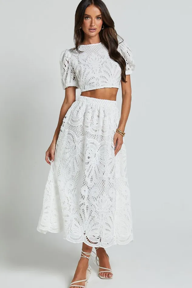Sveta Two Piece Set 8211 Lace Short Puff Sleeve Open Back Crop Top And Midi Skirt Set In White Women Showpo Dresses