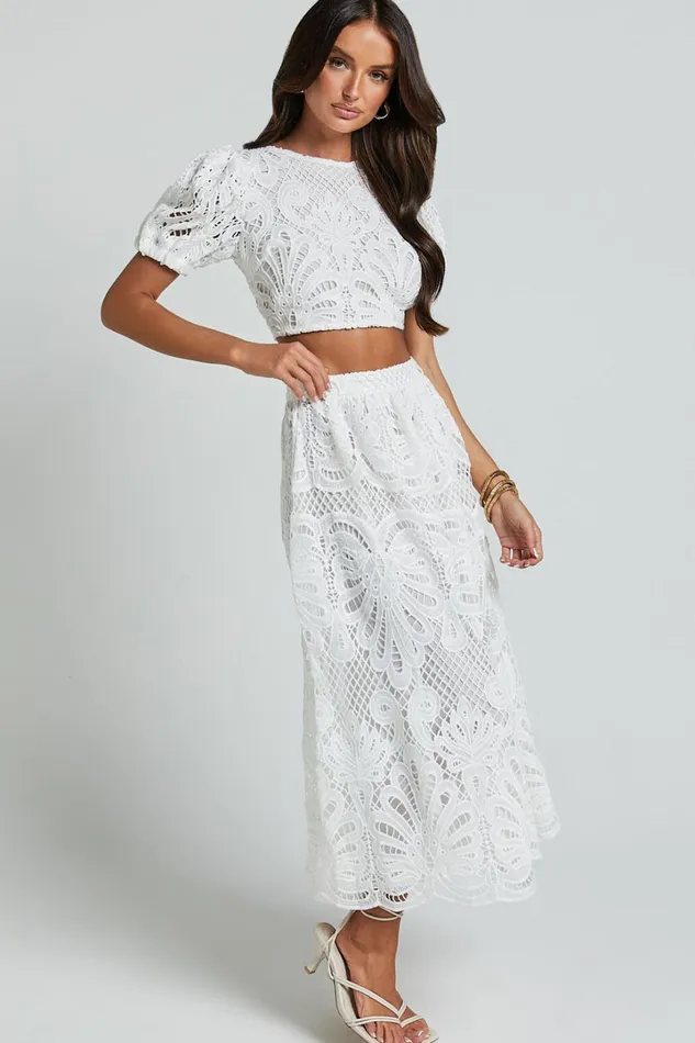 Sveta Two Piece Set 8211 Lace Short Puff Sleeve Open Back Crop Top And Midi Skirt Set In White Women Showpo Dresses