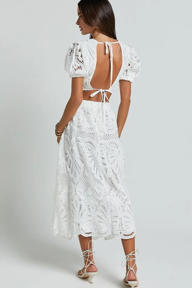 Sveta Two Piece Set 8211 Lace Short Puff Sleeve Open Back Crop Top And Midi Skirt Set In White Women Showpo Dresses