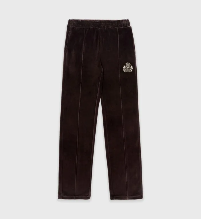 Sweatpants Men Sporty and Rich NY Crest Velour Track Pant 8211 ChocolateCream
