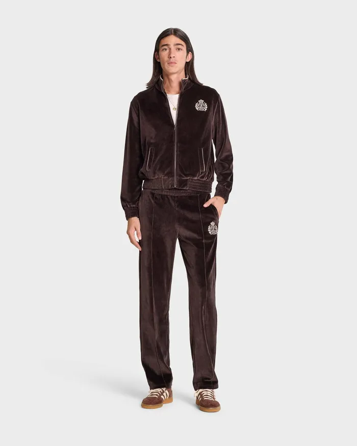 Sweatpants Men Sporty and Rich NY Crest Velour Track Pant 8211 ChocolateCream