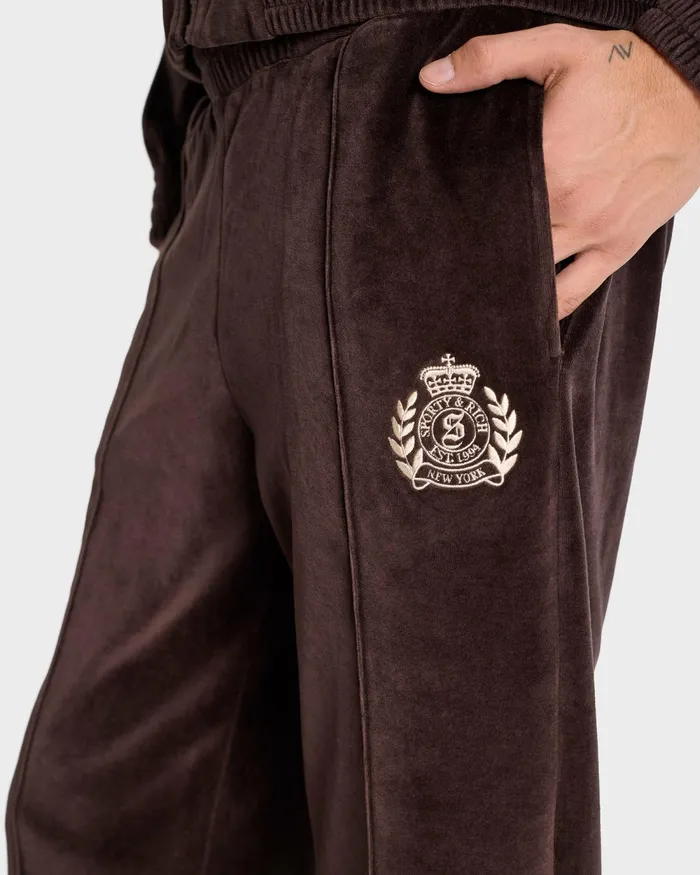 Sweatpants Men Sporty and Rich NY Crest Velour Track Pant 8211 ChocolateCream