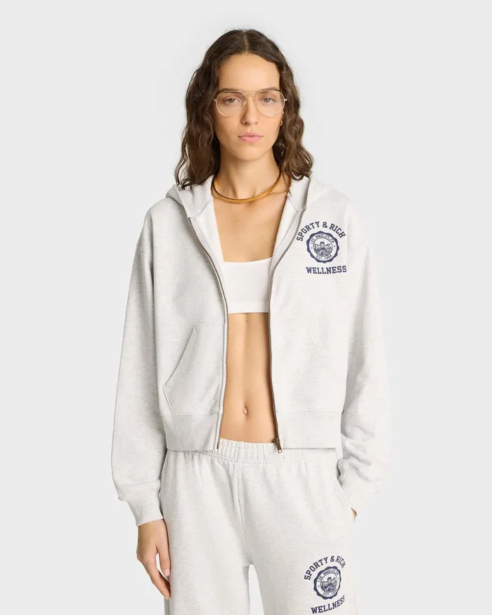 Sweatshirts Women Sporty and Rich Emblem Cropped Zip Hoodie 8211 Heather GrayNavy