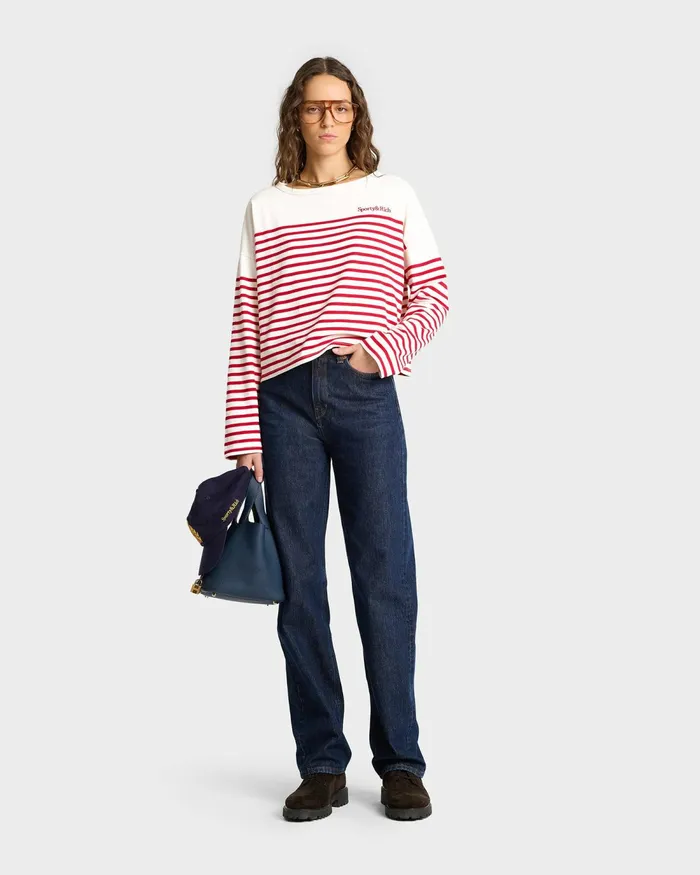 TShirts and Tops Women Sporty and Rich Serif Logo Mariniere Sweater 8211 Off WhiteRed Stripe