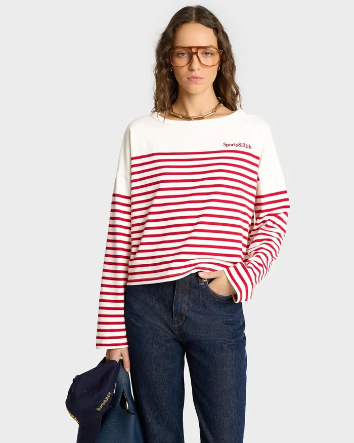 TShirts and Tops Women Sporty and Rich Serif Logo Mariniere Sweater 8211 Off WhiteRed Stripe