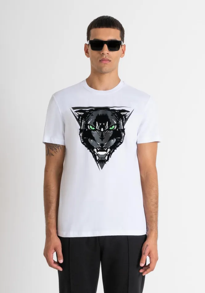 TShirts And Polo Men Antony Morato Regular Fit TShirt In White Cotton Jersey With Panther Print White TShirts And Polo Men Antony Morato Regular Fit TShirt In White Cotton Jersey With Panther Print White