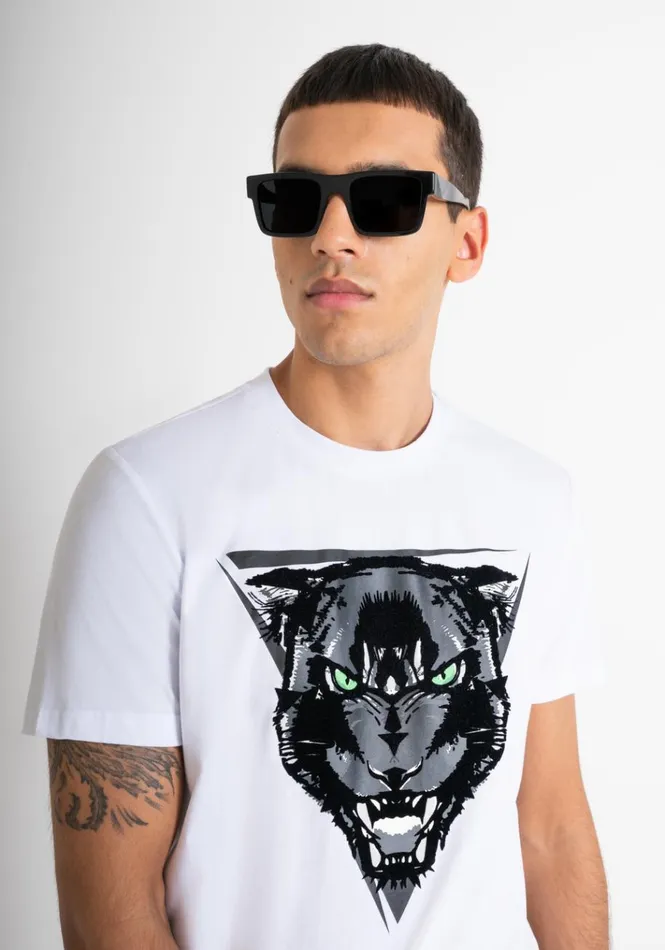 TShirts And Polo Men Antony Morato Regular Fit TShirt In White Cotton Jersey With Panther Print White