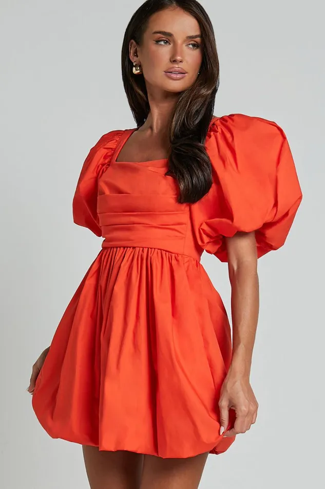 Tamara Mini Dress 8211 Short Puff Sleeve Ruched Dress In Orange Women Showpo Conscious